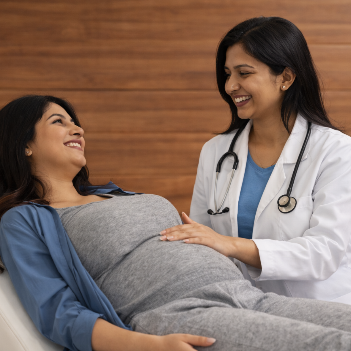 Pregnant patient receiving antenatal consultation at Farid Maternity Hospital, Kalyan.